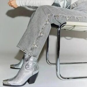 New Free People Brayden Western Boots Leather Ankle Heeled Steel Metallic